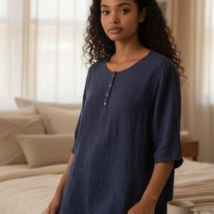 Casual Navy Blouse with Button Detail